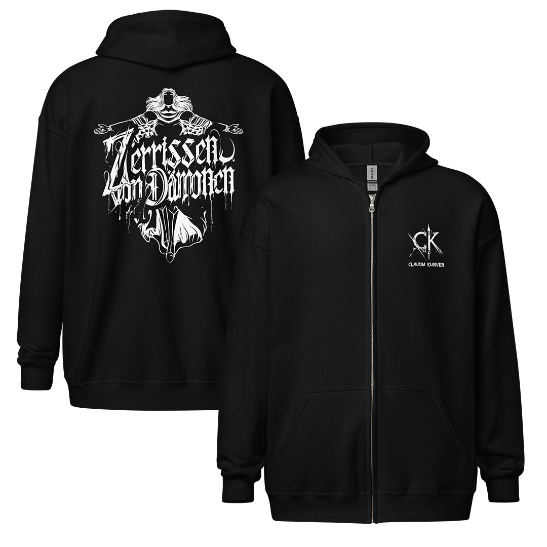 Unisex Zipp-Hoodie mit Brust- und Rückenaufdruck (Zerrissen-Kollektion)