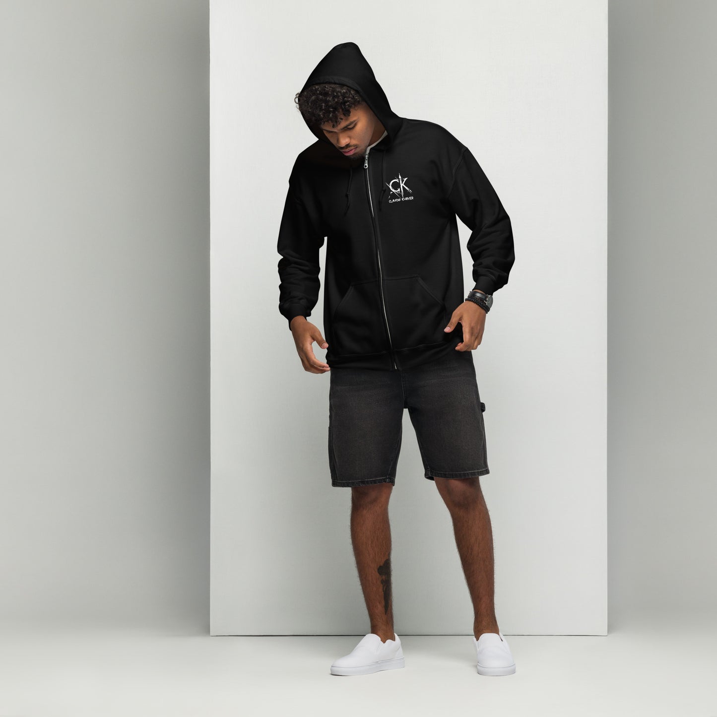 Unisex Zipp-Hoodie mit Brust- und Rückenaufdruck (Zerrissen-Kollektion)